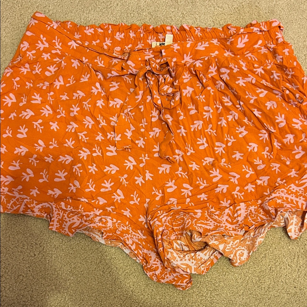 High-Waist Orange Printed Drawstring Shorts